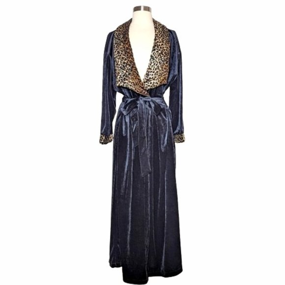 Vintage Cinema Etoile Black Velvet Robe Quilted Animal Print Collar M - Picture 2 of 12